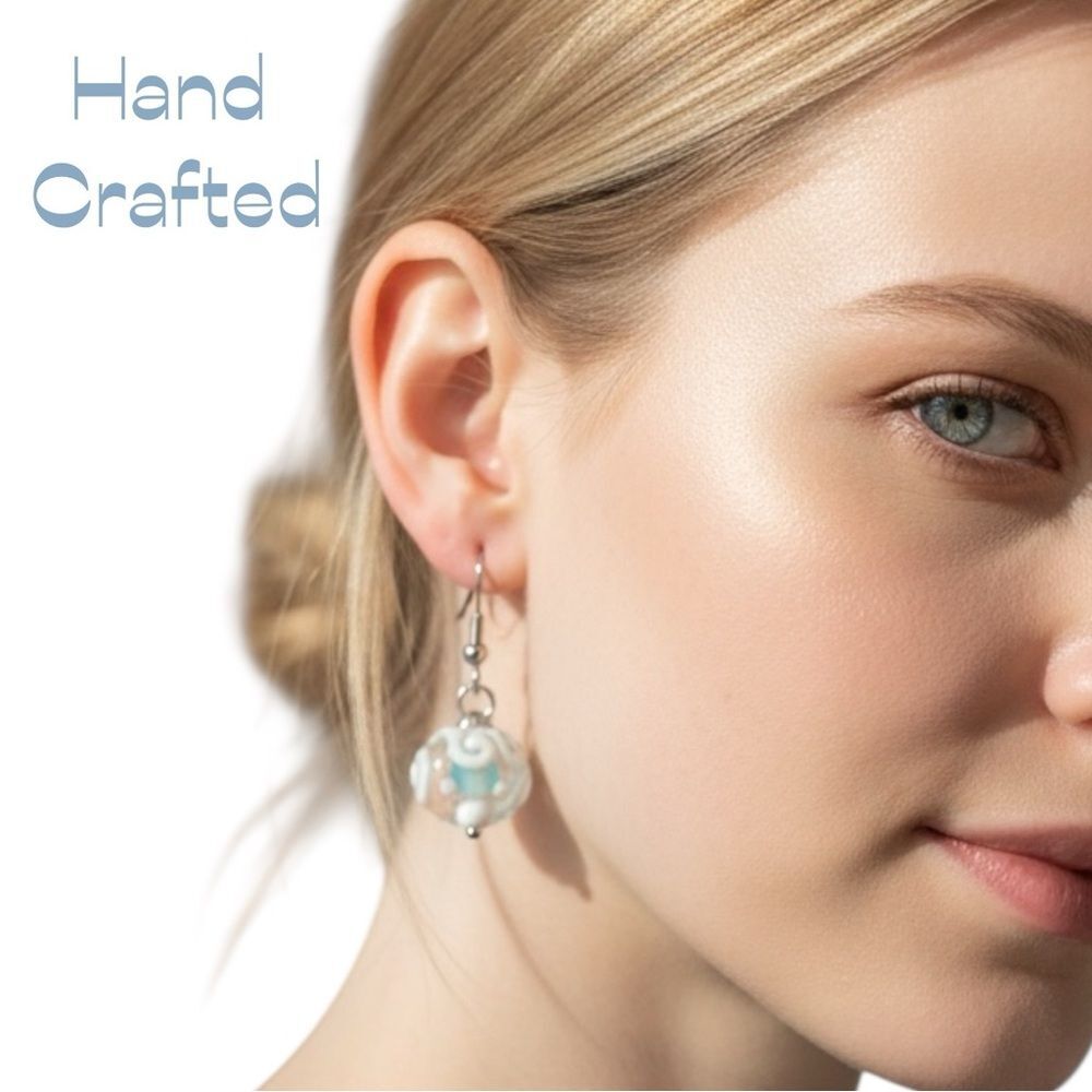 HandCrafted White Teal Floral Glass Earrings NWT